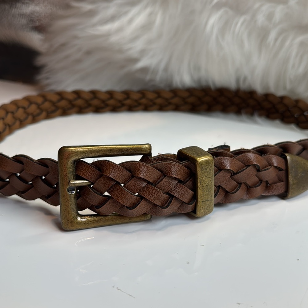 Brown Braided Leather Belt Brass Buckle